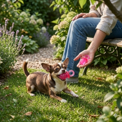 Chihuahua dans un jardin jouant avec une femme tenant un jouet Kong chien rose.