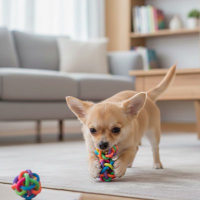 Petit Chihuahua jouant au sol avec sa balle pour chien tressée aux couleurs vives.