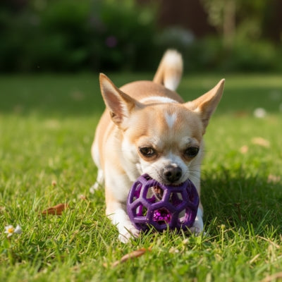 Petit chien Chihuahua jouant avec une balle pour chien ajourée violette dans l'herbe.