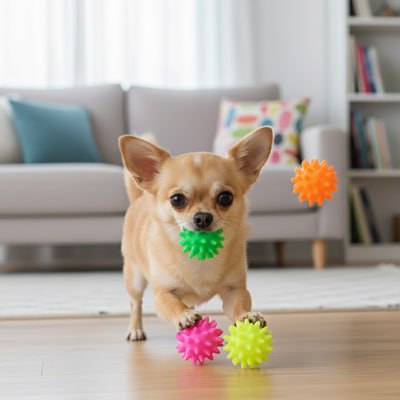 Petit Chihuahua avec une balle pour chien verte dans la gueule et d'autres au sol.