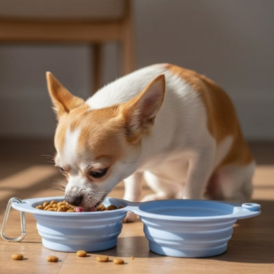 Chihuahua bicolore utilisant une gamelle pour chien double bleue sur un sol en bois.
