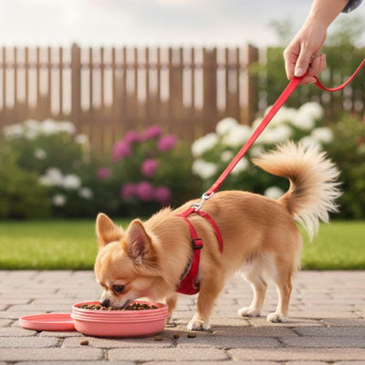Petit chien Chihuahua en harnais rouge mangeant dans sa gamelle chien rose au sol.