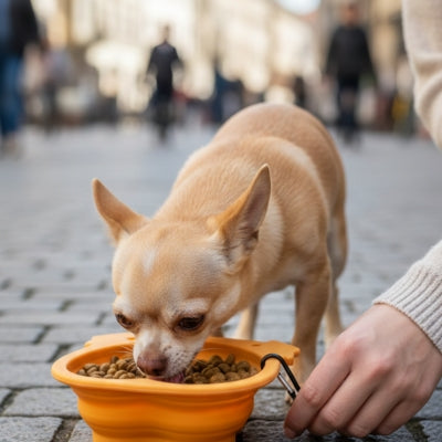 Main tenant le mousqueton d'une gamelle pour chien orange où mange un Chihuahua.