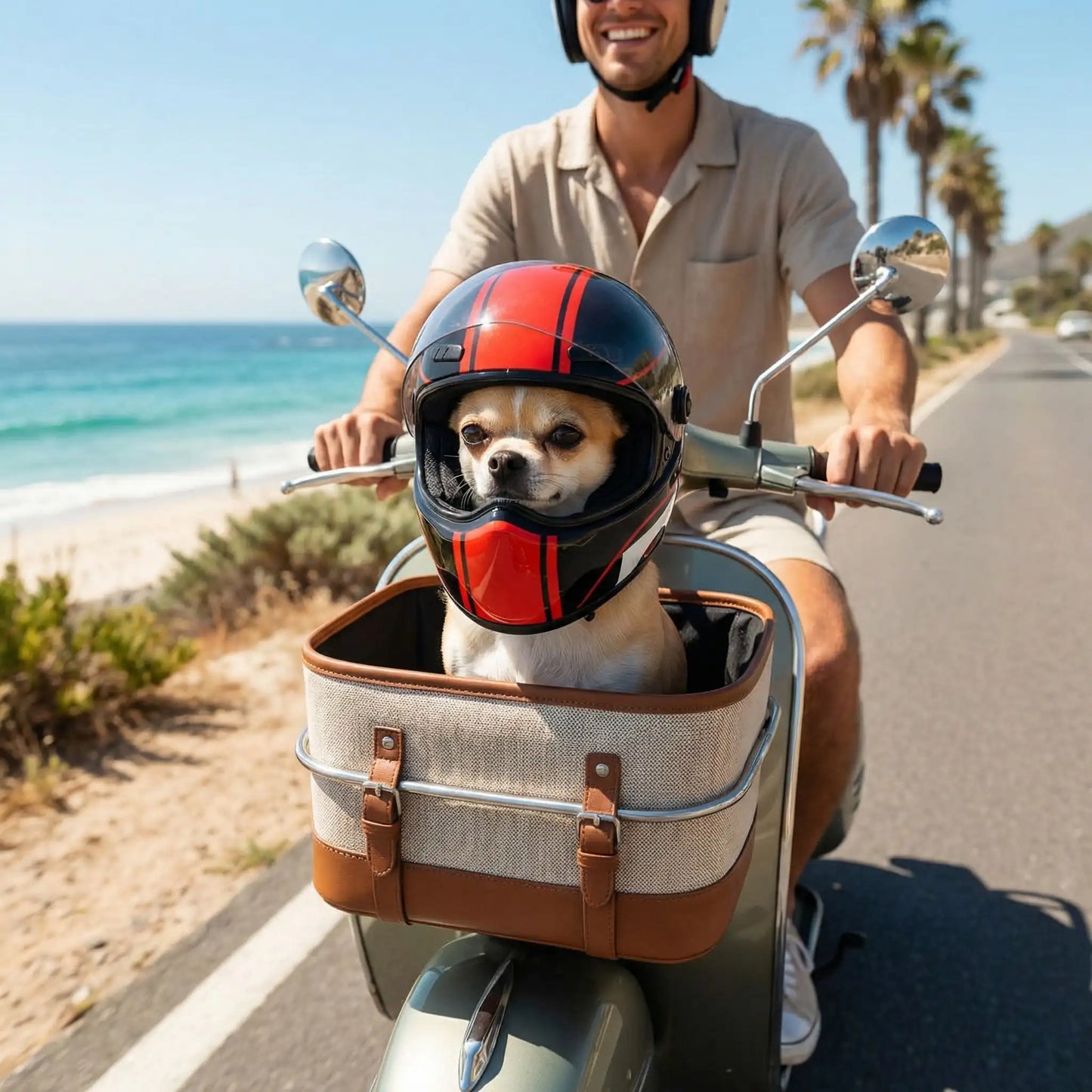 Chihuahua portant un casque moto pour chien assis dans un panier avant de scooter au bord de mer.