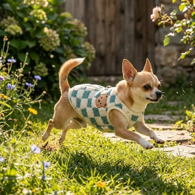 Chihuahua courant dans l'herbe portant un pull pour chien à carreaux vert et blanc.