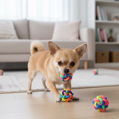 Chihuahua debout dans un salon tenant une petite balle pour chien tressée dans sa gueule.