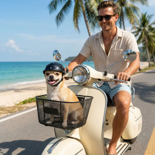 Un Chihuahua avec un casque moto pour chien noir dans le panier d'un scooter vintage.