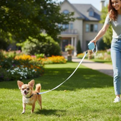 Chihuahua brun sur pelouse avec une longe pour petit chien bleue