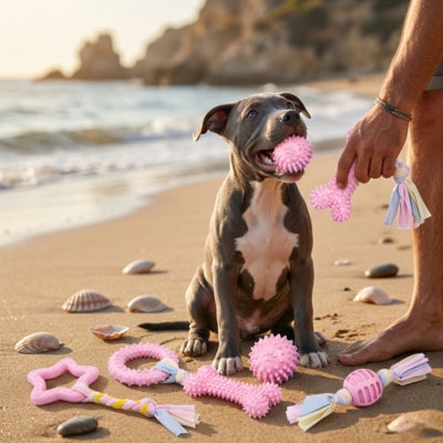 Chiot American Staff bleu sur la plage avec un jouet chien kong rose en bouche et à ses pieds.