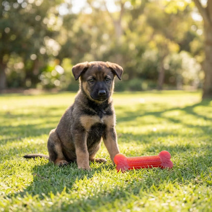 Chiot Berger Allemand assis dans l'herbe à côté d'un jouet chien indestructible rouge texturé.