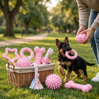 Chiot Berger Allemand dans un parc avec un panier rempli de jouet chien kong en caoutchouc rose.