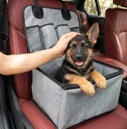 Chiot Berger Allemand souriant dans un siege auto pour chien sur un siège en cuir rouge.