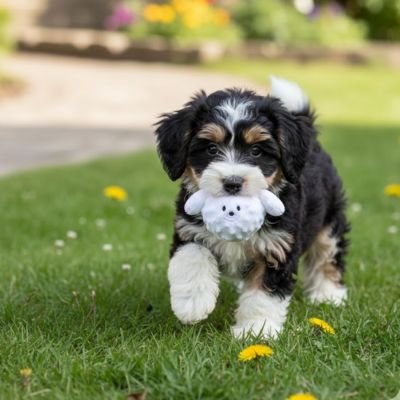 Chiot type Bouvier Bernois courant dans l'herbe avec une balle pour chien blanche.