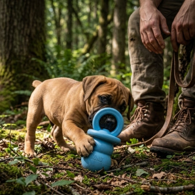 Chiot Bullmastiff tenant un jouet chien kong bleu marqué KONG dans une forêt.
