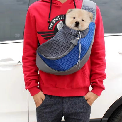 Chiot Chow-Chow dans un chien sac de transport bleu et gris porté par un homme en sweat rouge.