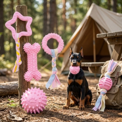 Chiot Doberman au camping entouré d'une gamme rose de jouet chien kong suspendue à un poteau.