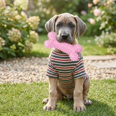 Chiot Dogue Allemand portant un t-shirt rayé et tenant un os rose type jouet chien kong.