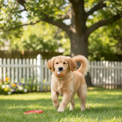 Chiot Golden Retriever devant une barrière blanche avec une balle pour chien marron.