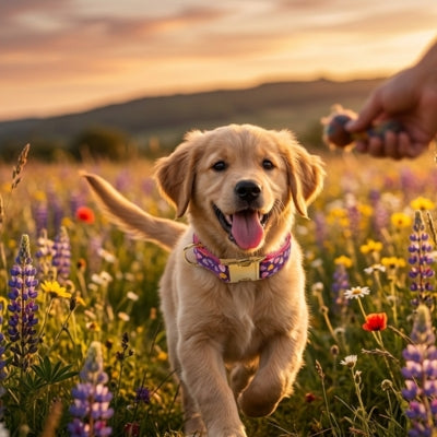 Chiot Golden Retriever courant dans un champ de fleurs avec son collier fantaisie chien.