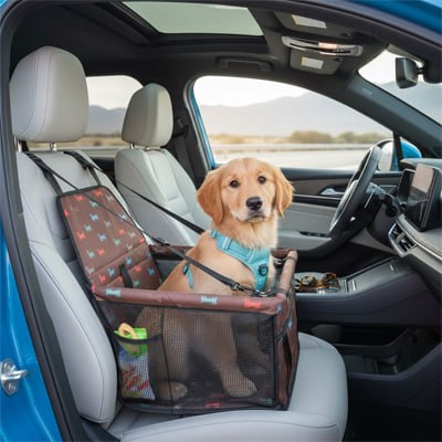 Un chiot Golden Retriever avec un harnais bleu assis dans son siege auto pour chien.