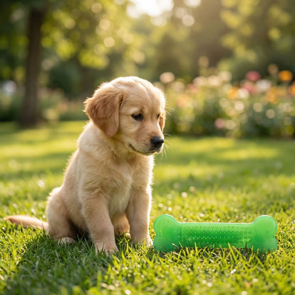 Chiot Golden Retriever assis dans un jardin devant un jouet chien indestructible vert à picots.