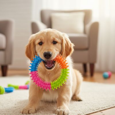 Chiot Golden Retriever assis tenant dans sa gueule un jouet chien anneau aux couleurs vives.