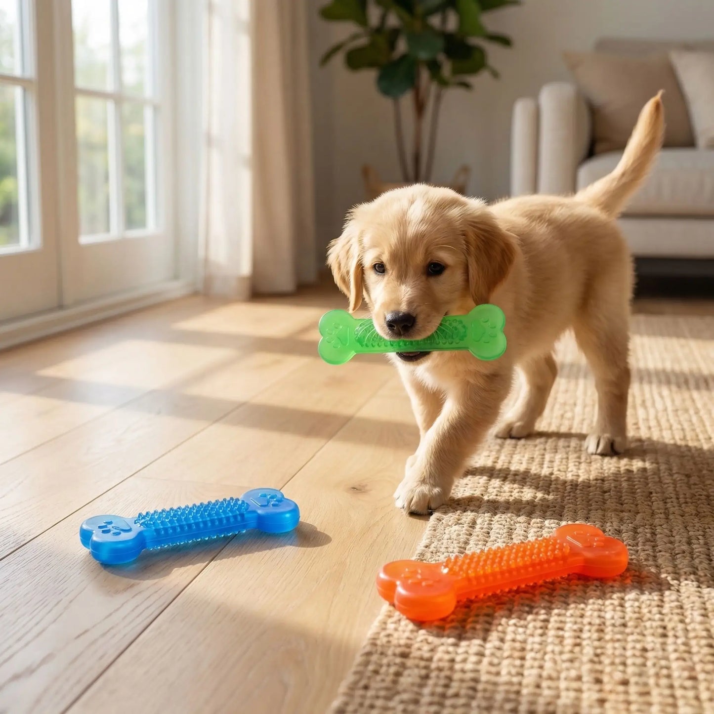 Chiot Golden Retriever portant un jouet chien indestructible vert en os dans un salon.