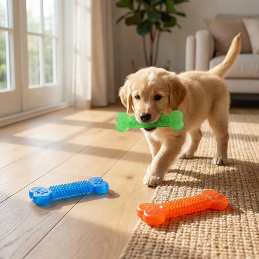 Chiot Golden Retriever portant un jouet chien indestructible vert en os dans un salon.