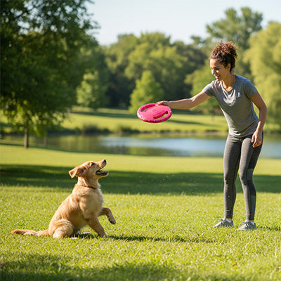 eune femme tenant un jouet pour chien rose devant un chiot Golden Retriever assis dans l'herbe.