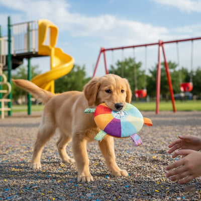 Chiot Golden Retriever debout dans un parc, tenant le jouet pour chien coloré.