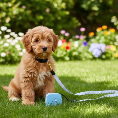 Chiot Goldendoodle dans l'herbe avec une longe pour petit chien bleue carré 