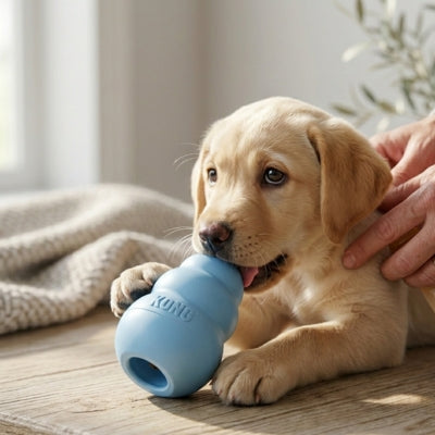 Chiot Labrador couché sur du bois léchant l'ouverture d'un jouet pour chien kong bleu clair.