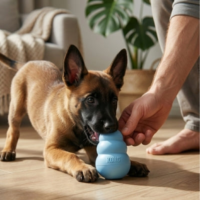 Chiot Malinois en intérieur attrapant un jouet pour chien kong bleu tenu par une main.