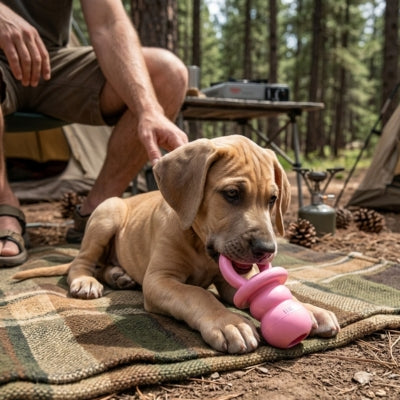 Chiot Mastiff beige allongé en camping mâchouillant un jouet chien kong rose.