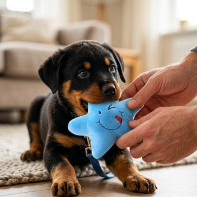 Chiot Rottweiler attrapant une peluche pour chien bleue avec un visage clin d'œil.