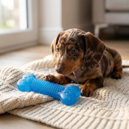 Chiot Teckel arlequin couché sur un tapis blanc avec son jouet chien indestructible bleu.