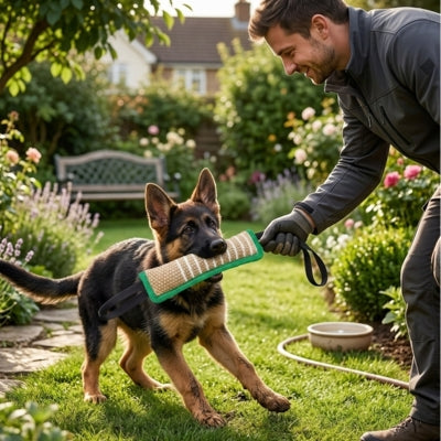 Chiot Berger Allemand tirant sur un jouet pour chien indestructible vert dans un jardin fleuri.