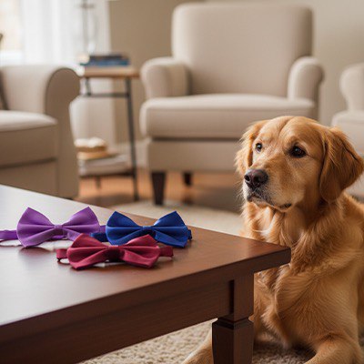 Golden Retriever devant trois modèles de collier noeud papillon pour chien sur une table.