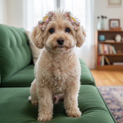 Cockapoo crème assis sur un canapé vert avec un double noeud papillon chien fleuri et rose.
