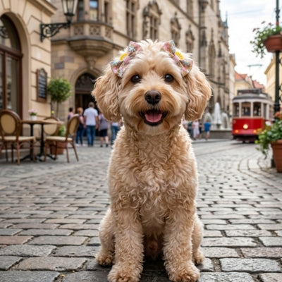 Chien Cockapoo sur des pavés portant un noeud papillon chien fleuri devant un tramway rouge.