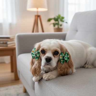 Cocker Spaniel sur canapé clair avec deux noeud papillon chien verts à motif floral.