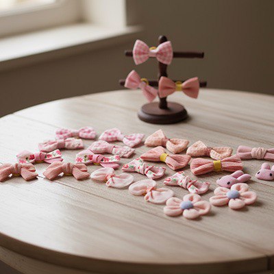 Large choix de modèles de collier nœud papillon pour chien et fleurs en tissu sur une table.