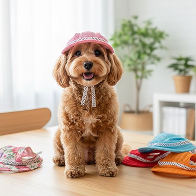Chien Cavapoo assis sur une table devant une collection de modèles de casquette chien.