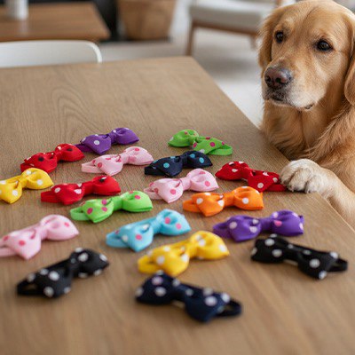 Golden Retriever devant une table de plusieurs modèles de collier noeud papillon pour chien à pois.