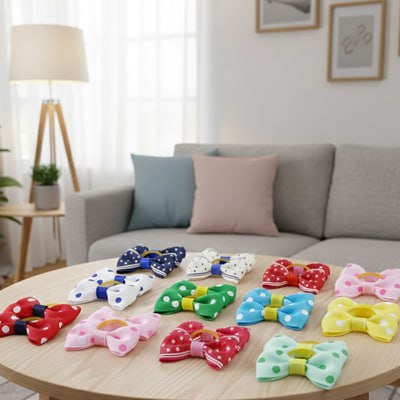 Une collection de douze modèles différents de noeud papillon chien colorés posés sur une table.