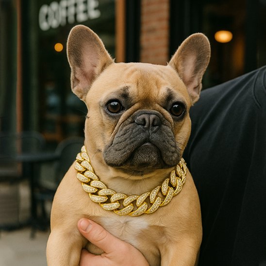 Bouledogue français avec un collier chien chaîne cubaine brillante dorée, look chic en extérieur.