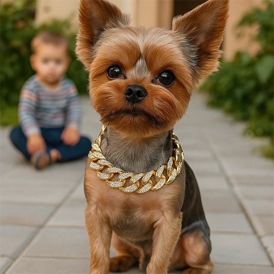 Yorkshire Terrier élégant avec un collier chien chaîne cubaine brillante dorée, assis près d’un enfant.