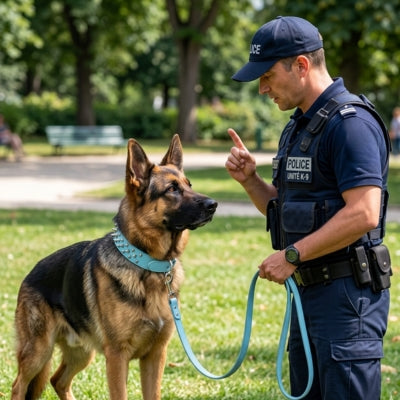 Un Berger Allemand de la police porte un collier chien clouté bleu ciel.