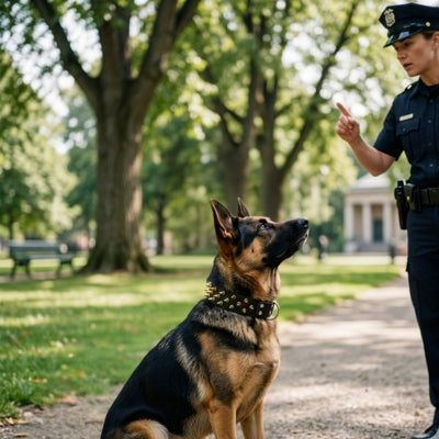 Berger Allemand assis avec un collier chien clouté noir face à une femme officier de police.