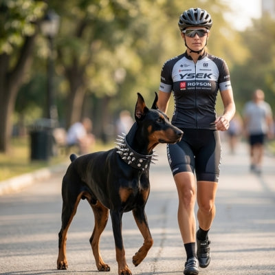 Chien Doberman avec un large collier chien clouté marchant aux côtés d'une cycliste.